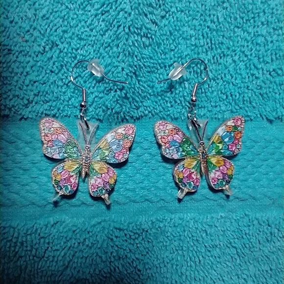Cute floral flower butterfly earrings colorful multicolor wire dangle - Picture 3 of 3